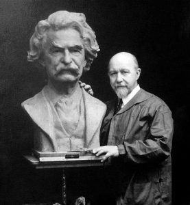 Walter Russell with his bust of Mark Twain